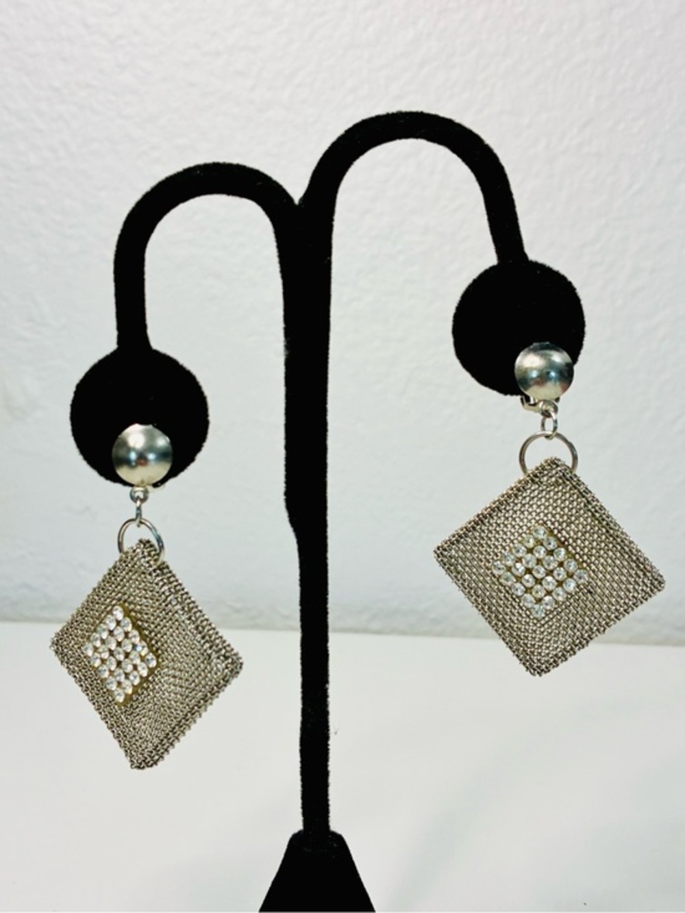 Art Deco Inspired Silver-Tone Mesh Diamond Drop Clip Earrings w/Crystal Cluster